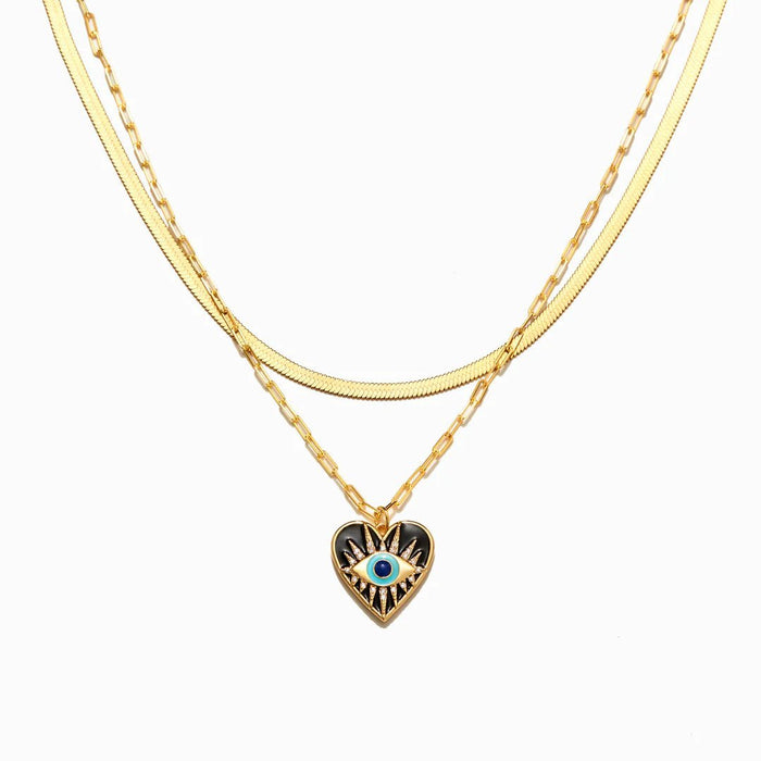 ENAMEL HEART EVIL EYE LAYERED NECKLACE SET