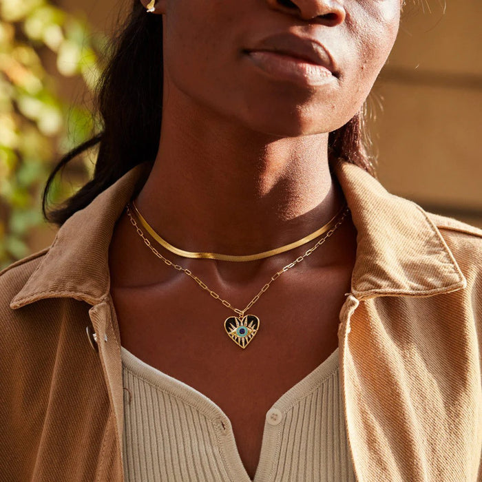 ENAMEL HEART EVIL EYE LAYERED NECKLACE SET