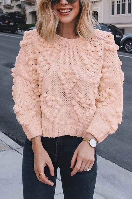 Pink Sweater Long Sleeve Pullover Crew Neck Sweater | Classic Boho