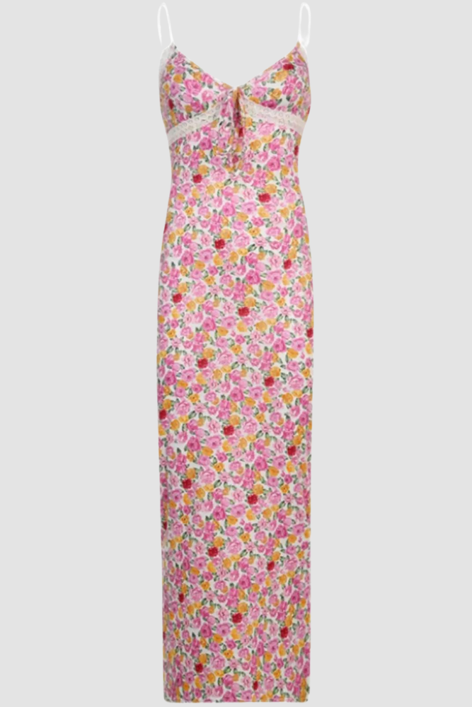 CB Pink & Yellow Floral Maxi Dress with Lace Trim
