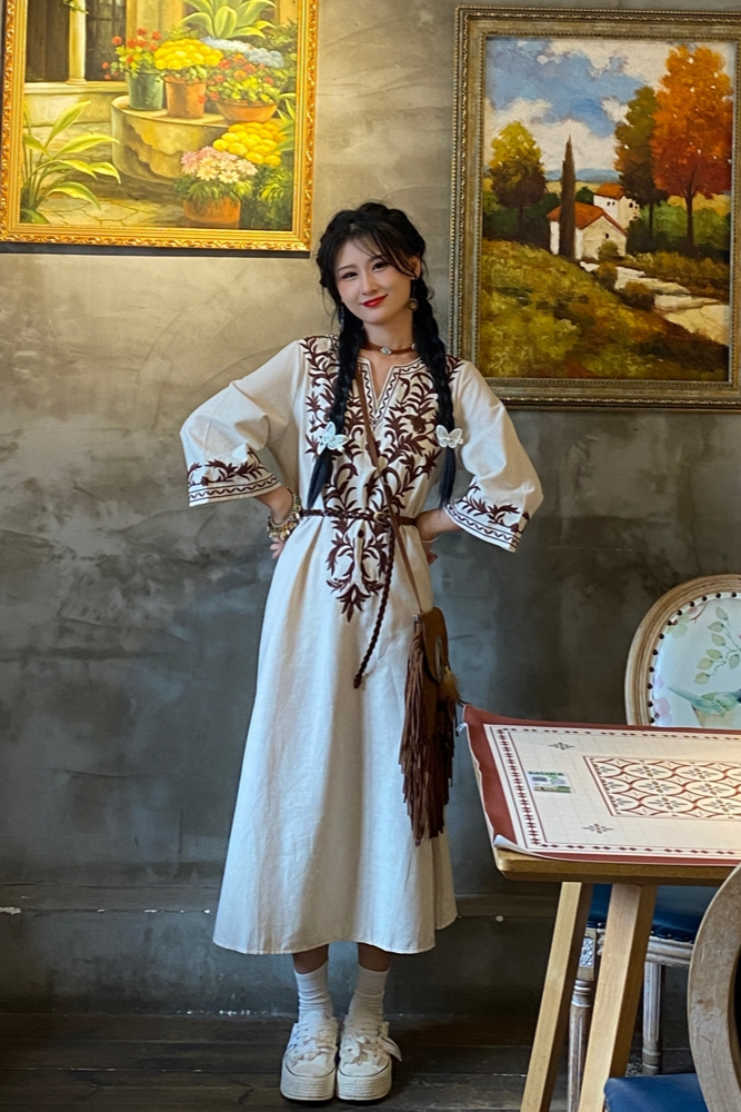 CB Ethnic Style Embroidered Cotton And Linen Dress