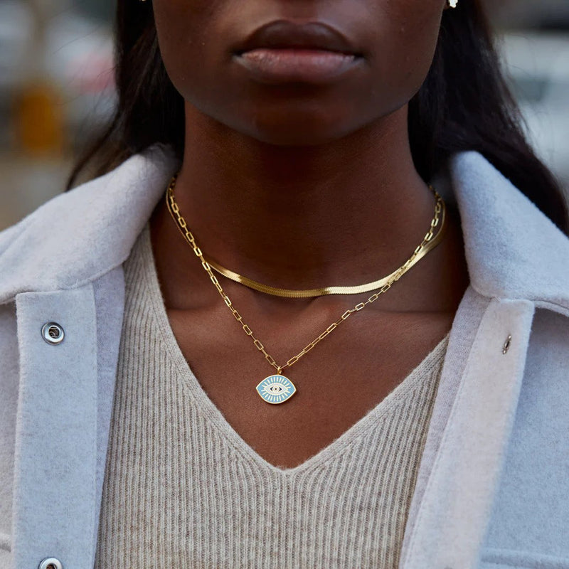 GOLDEN ENAMEL EVIL EYE LAYERED NECKLACE SET