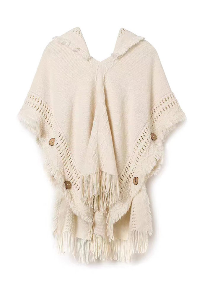 CB Fringed Sweater Shawl Sweater Women's Creamy-white Cloak