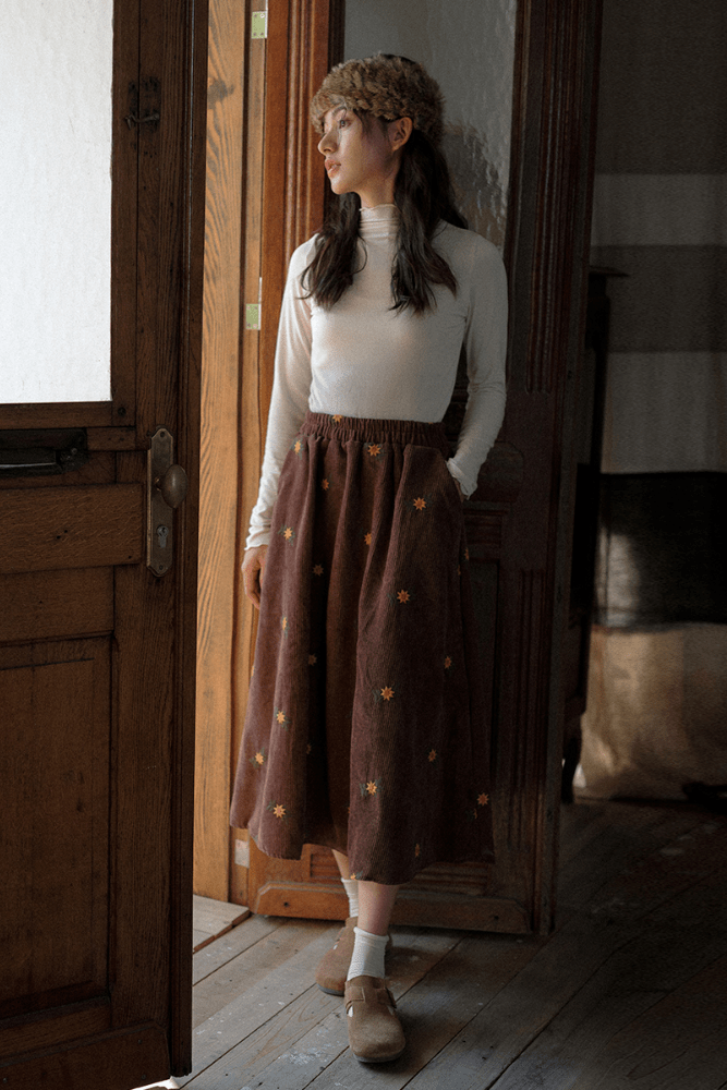 CB Embroidered Corduroy High-Waist Skirt