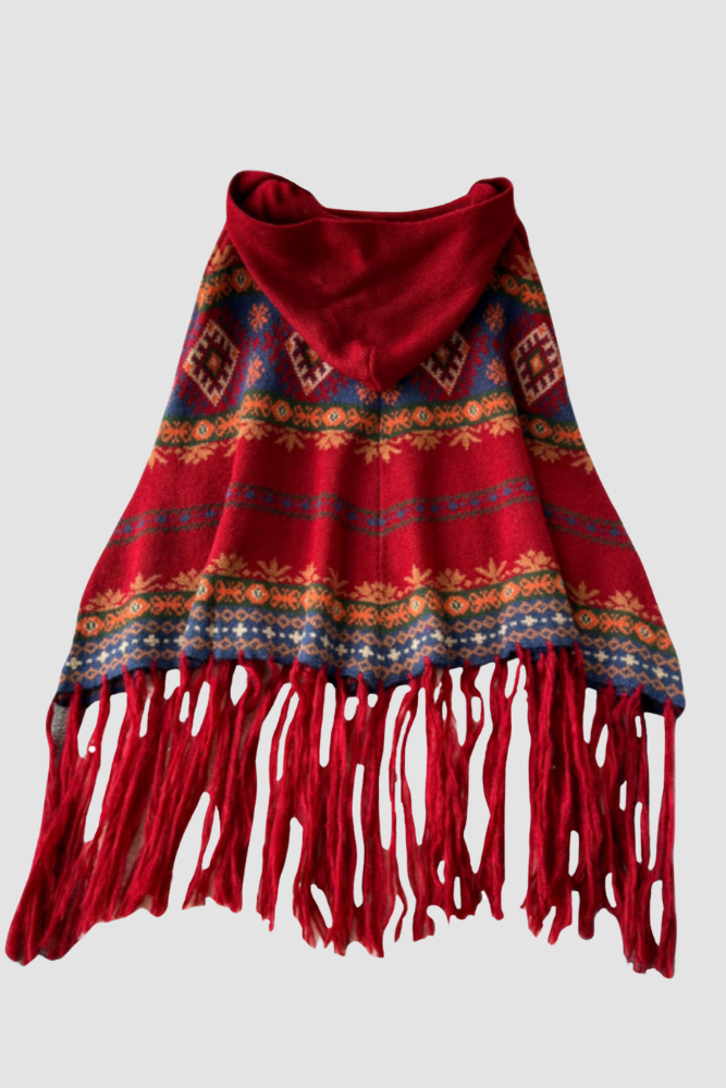 CB Cozy Chic Hooded Red Poncho with Fringe