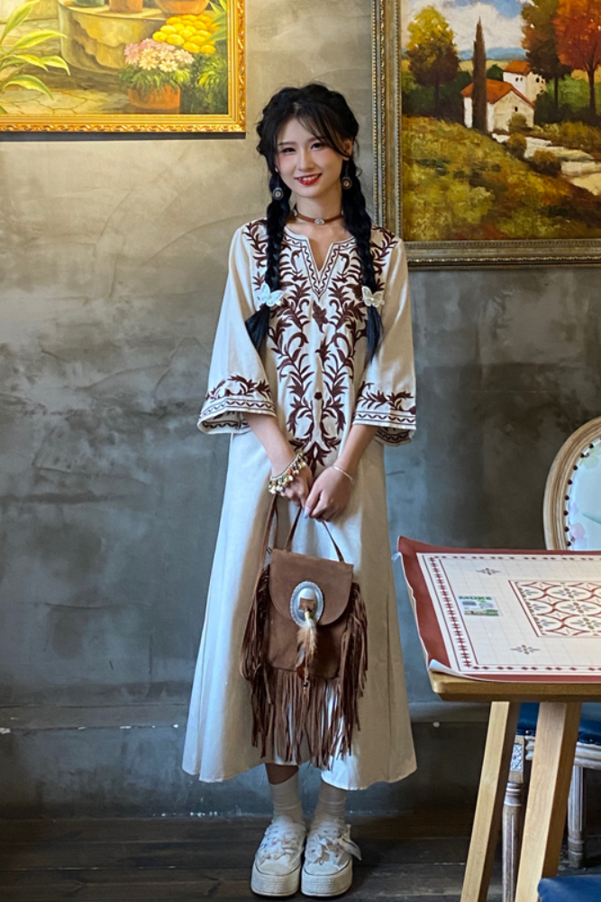 CB Ethnic Style Embroidered Cotton And Linen Dress