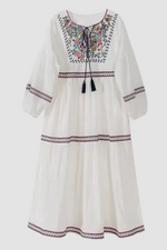 CB Embroidered White Retro Dress with Flowing Skirt