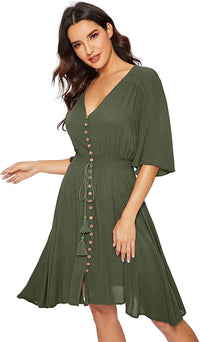 Women's Boho Button Up Split Solid Vintage Flowy Party Dress