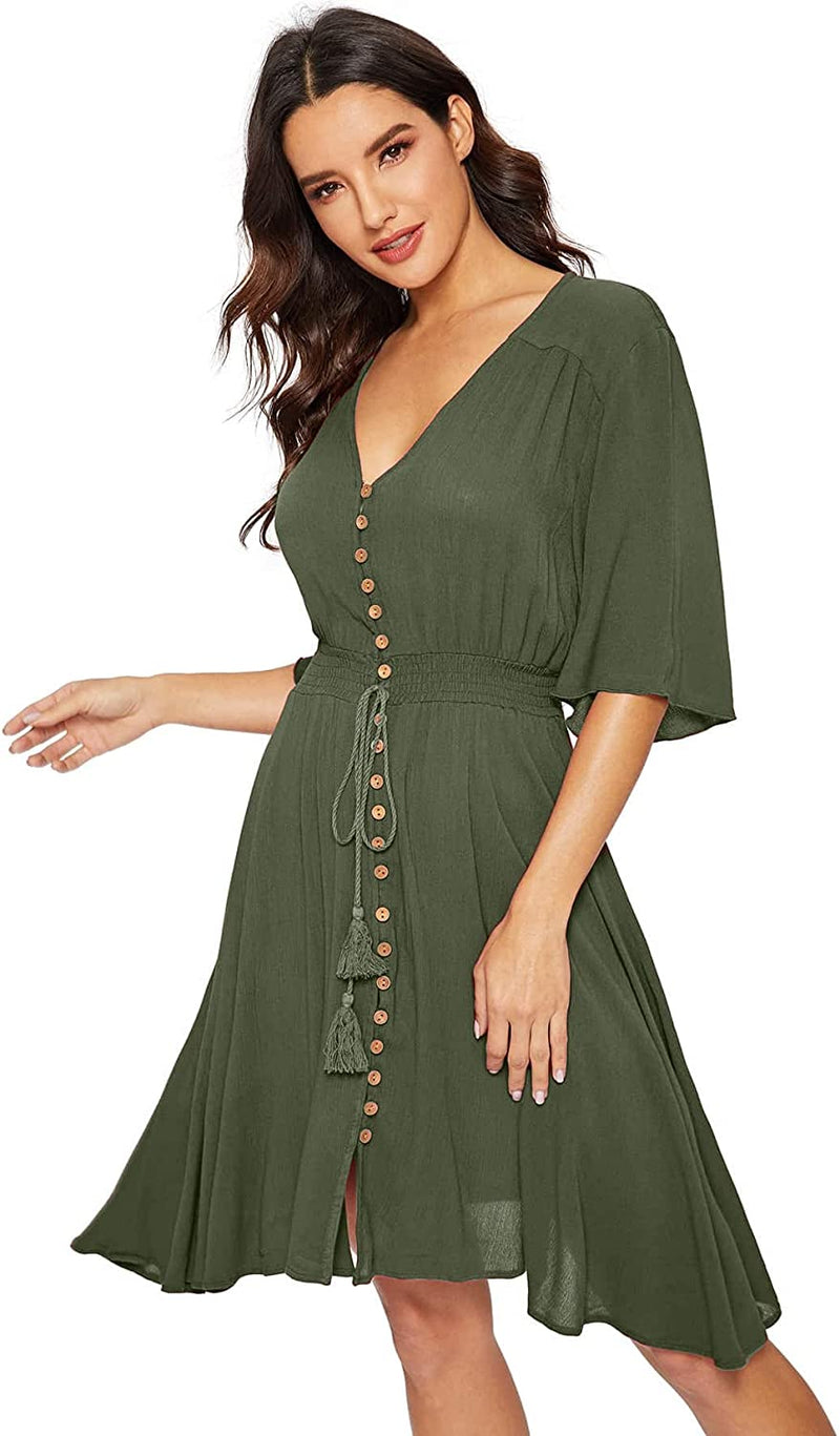Women's Boho Button Up Split Solid Vintage Flowy Party Dress