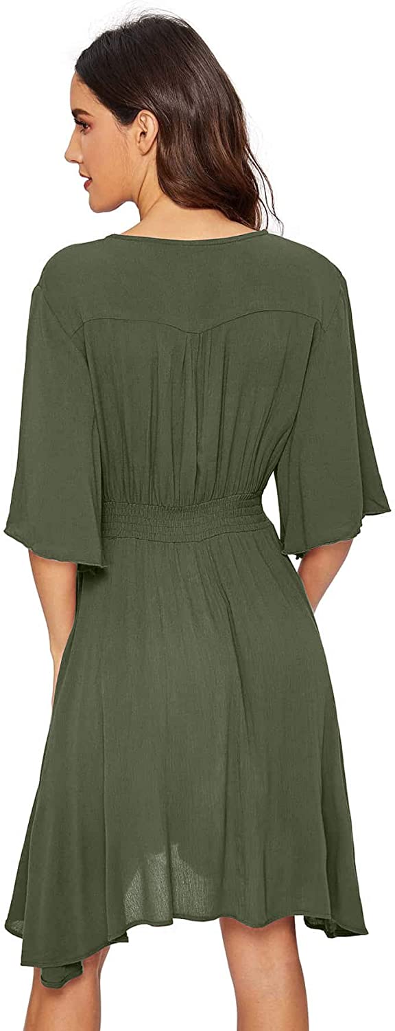 Women's Boho Button Up Split Solid Vintage Flowy Party Dress