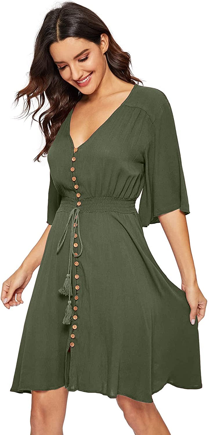 Women's Boho Button Up Split Solid Vintage Flowy Party Dress