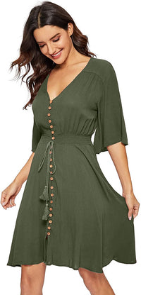 Women's Boho Button Up Split Solid Vintage Flowy Party Dress