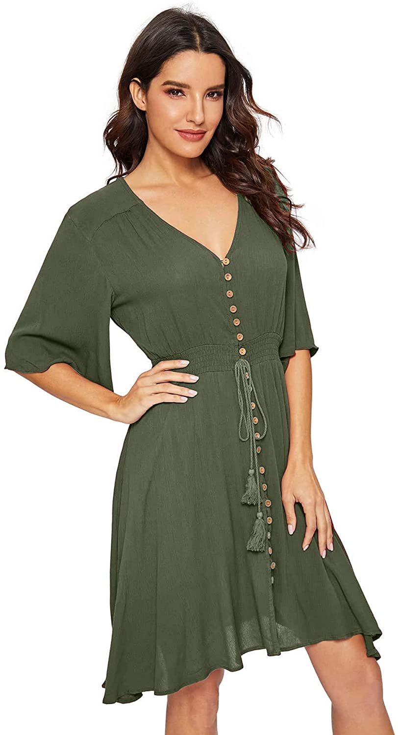 Women's Boho Button Up Split Solid Vintage Flowy Party Dress