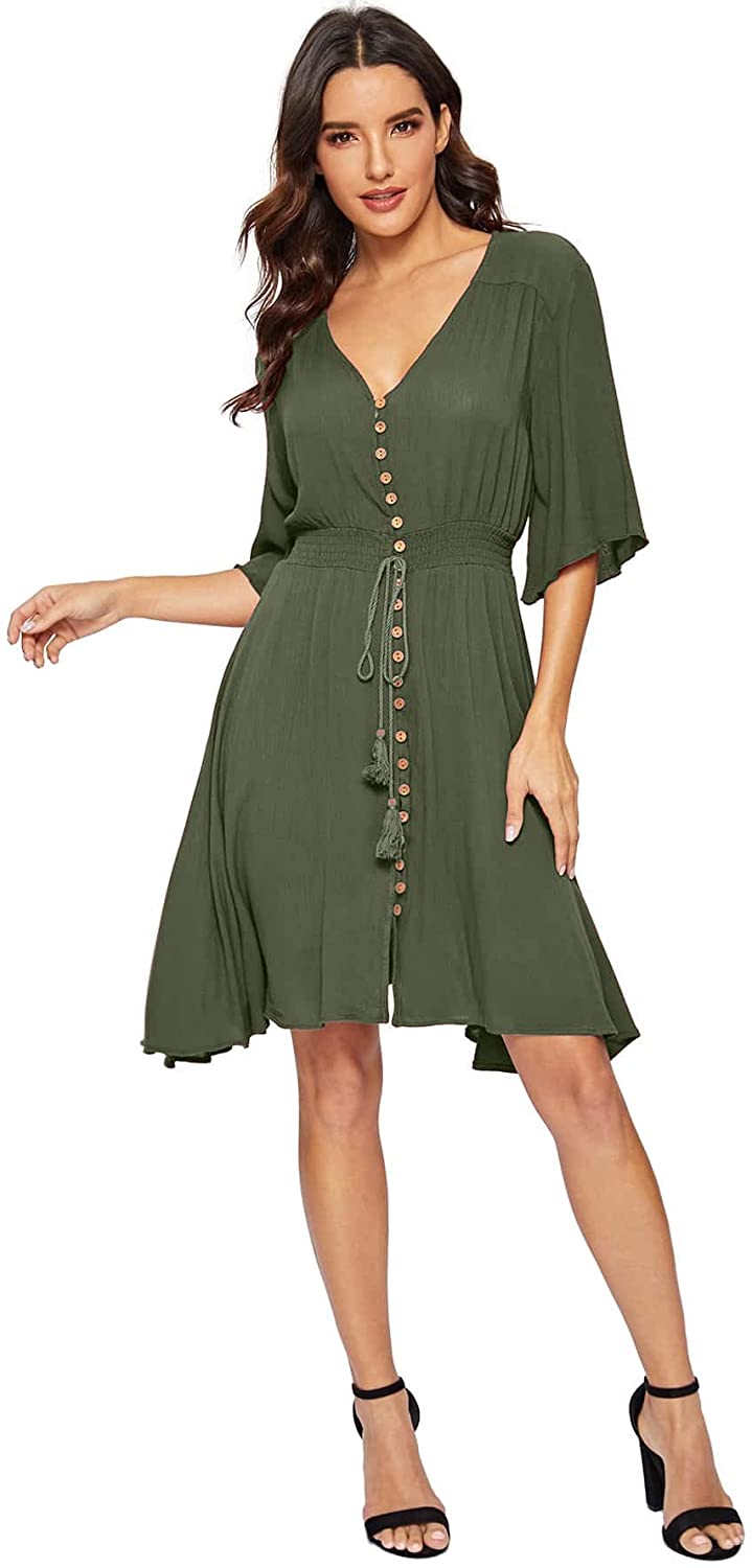 Women's Boho Button Up Split Solid Vintage Flowy Party Dress