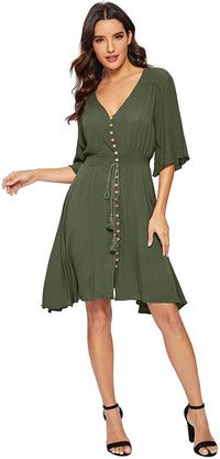 Women's Boho Button Up Split Solid Vintage Flowy Party Dress