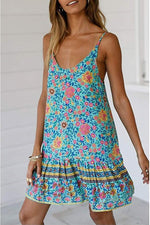 Womens Boho Floral Printed Dress Summer Sleeveless Adjustable Strap Beach Mini Dress with Pockets